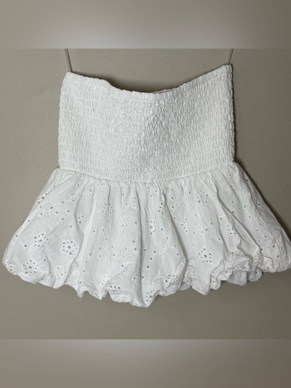American Eagle Outfitters White Smocked Eyelet Top with Bubble Balloon Hem